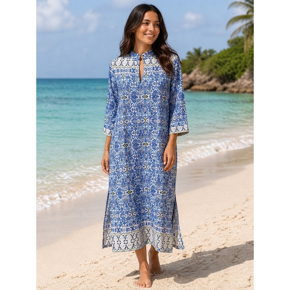 Oscar de la Renta Pink Label Kaftan Maxi Dress Beach Small Blue White Zip Front